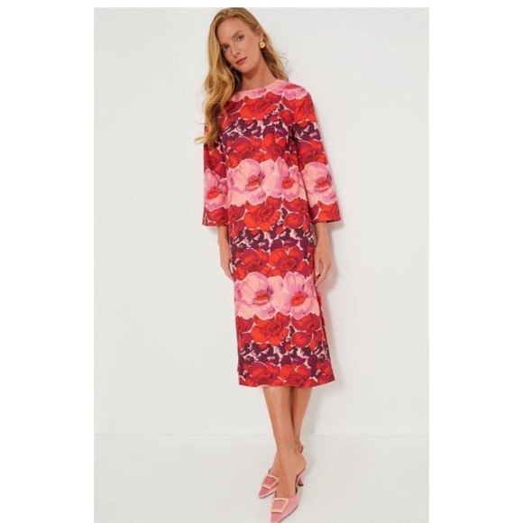 Tuckernuck Dresses & Skirts - Tuckernuck Hutton Dress Poppy Stripe Floral Pink Red Midi 3X 3/4 Sleeve Crewneck
